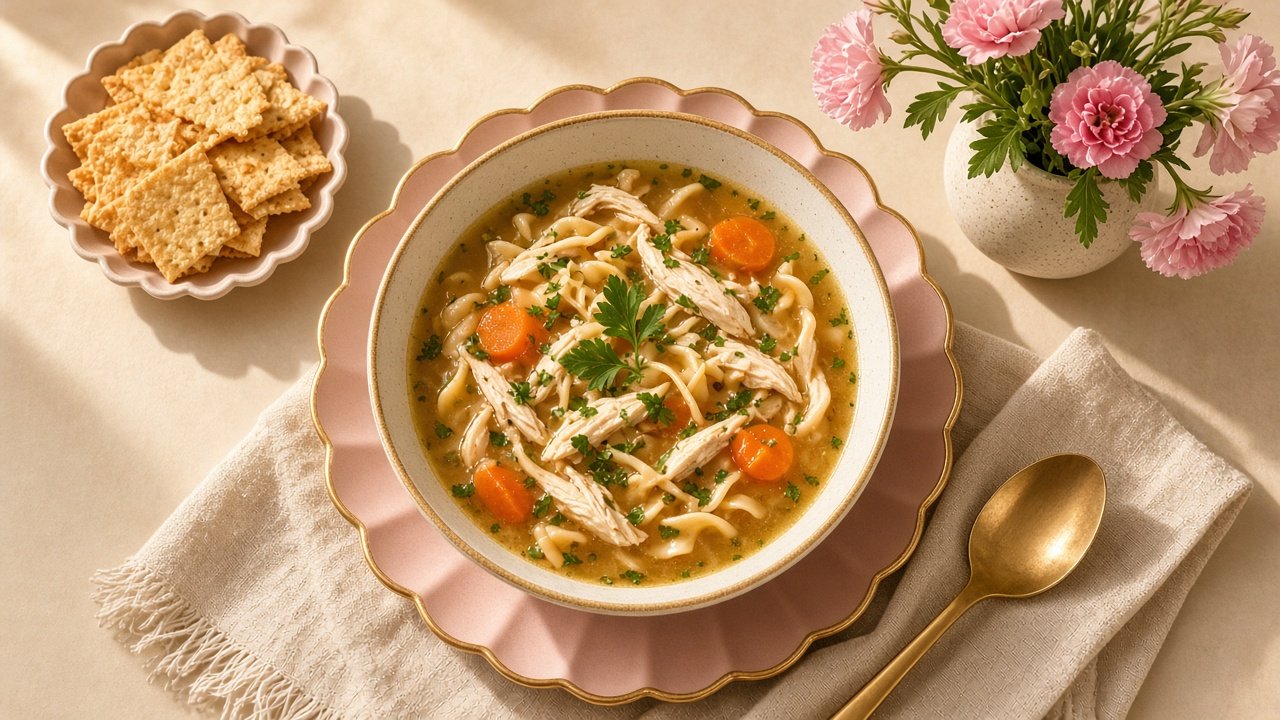 Halal chicken noodle soup with carrots in a cream bowl on a blush pink placemat