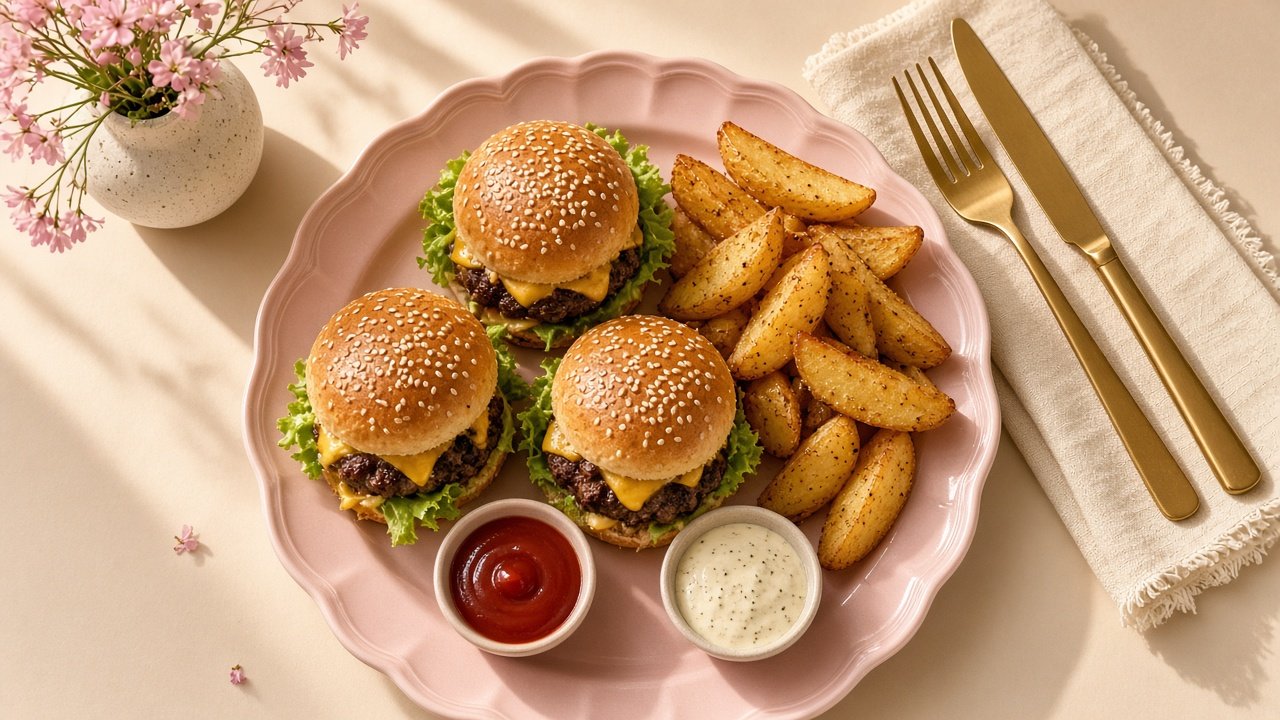 Mini halal beef sliders with cheese on soft buns with baked potato wedges
