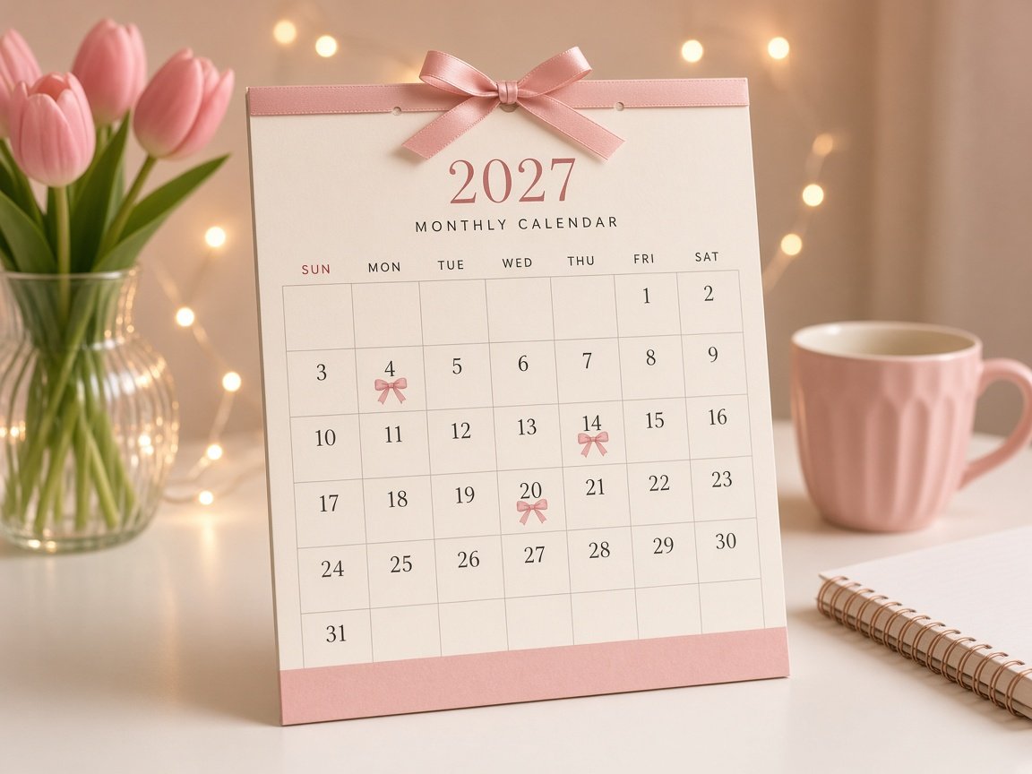 Cute blush and cream 2027 monthly desk calendar with a satin ribbon bow on top and tiny bow icons on some dates, beside pink tulips and fairy lights