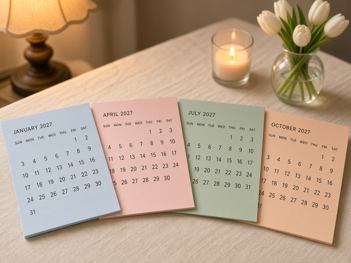 Four printed 2027 monthly calendar pages in pale blue, blush pink, sage green and peach fanned out on a linen table beside a candle and white tulips