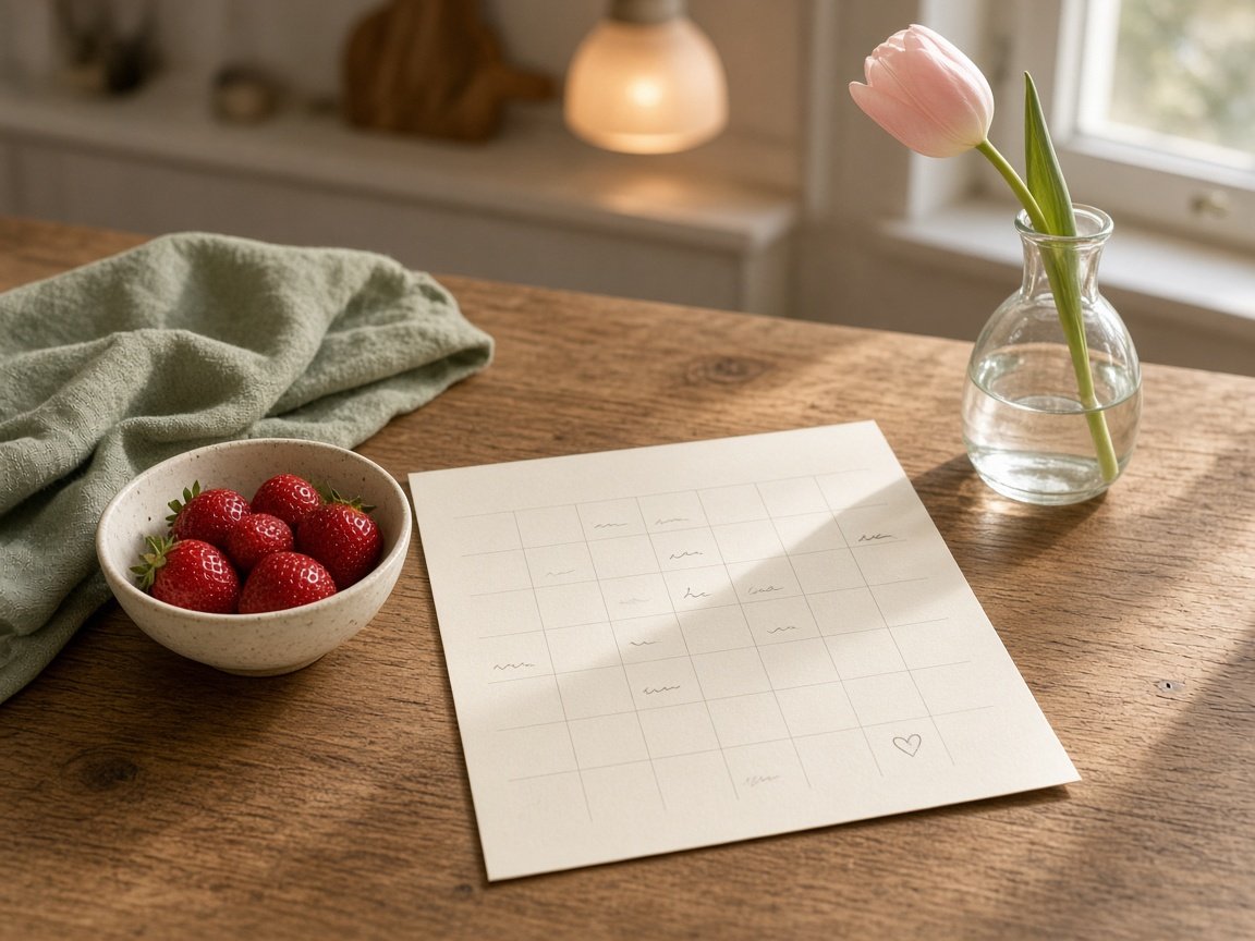 Spring monthly 2027 calendar page on a sunny wooden kitchen table with strawberries, a sage napkin and a pink tulip