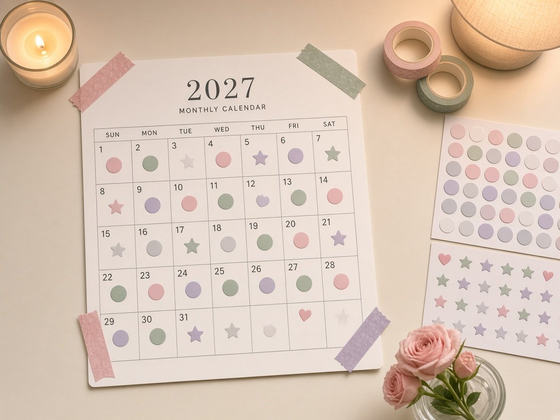 Pastel 2027 monthly calendar decorated with round dot, heart and star stickers and blush, sage and lilac washi tape, sticker sheets nearby