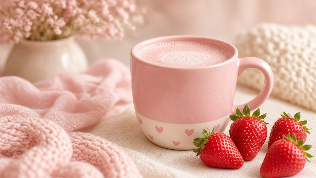 pink warm strawberry milk in a cute mug, fresh strawberries, pastel cozy setting