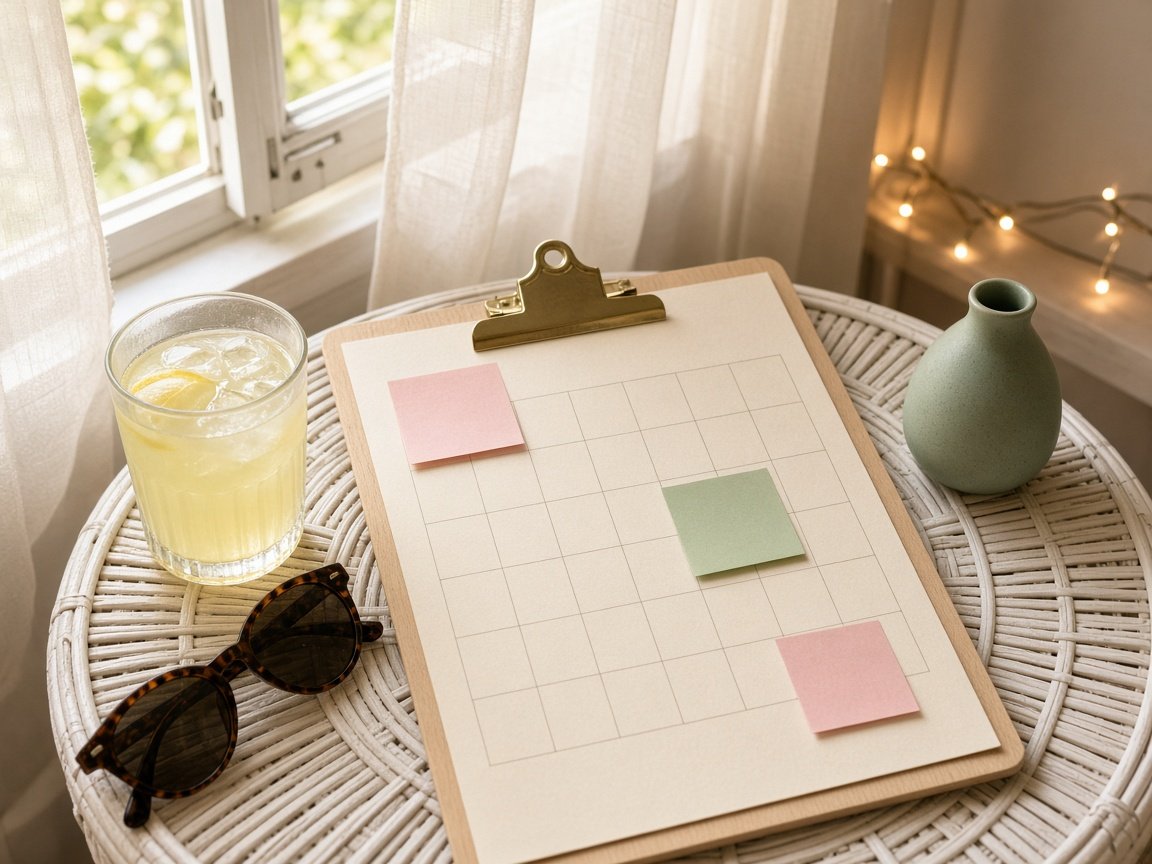Summer monthly 2027 calendar on a wooden clipboard on a rattan table with lemonade, sunglasses and string lights