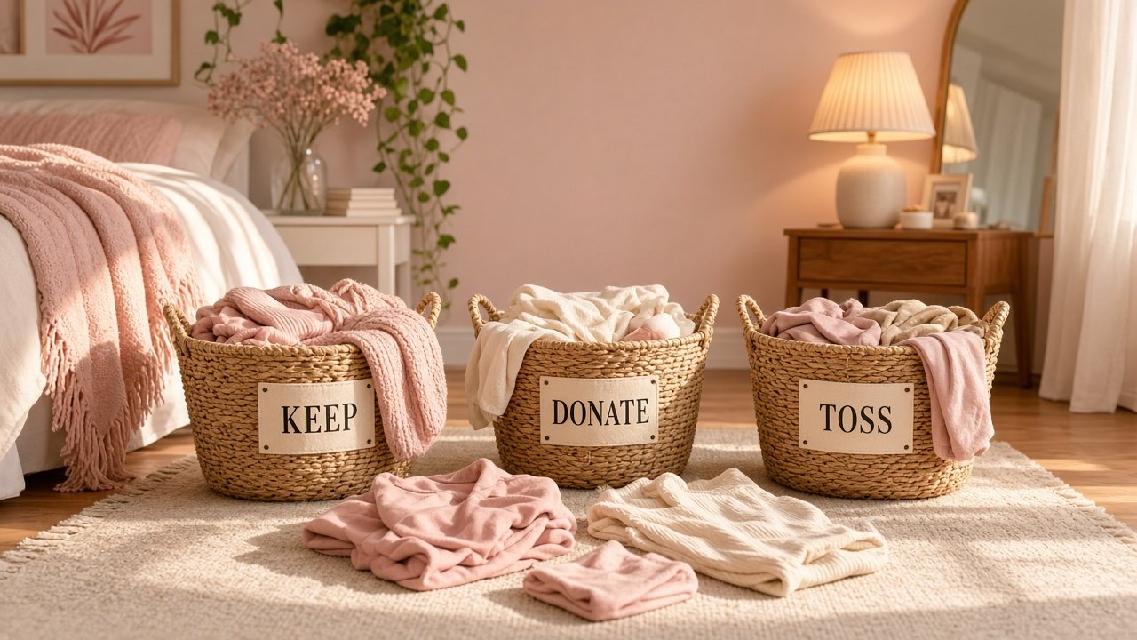 Neat cream basket of donated clothes beside a tidy bed in a bright small bedroom