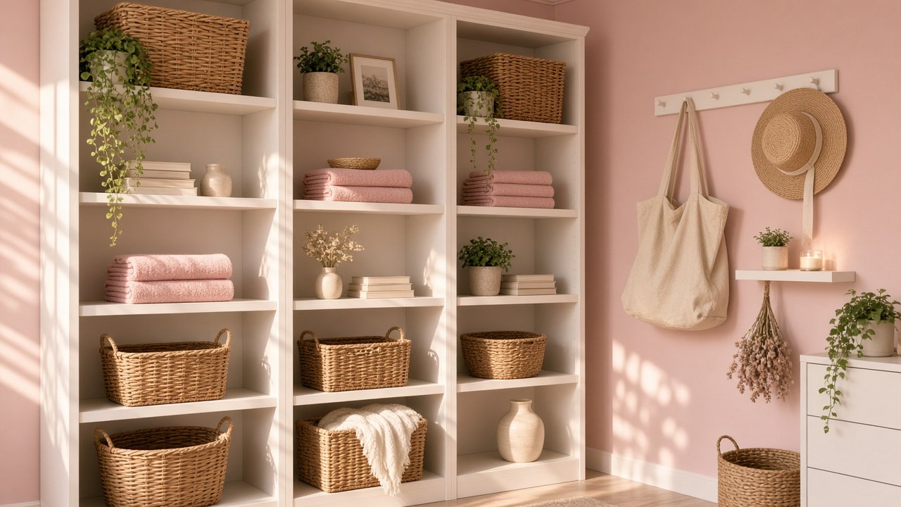 Tall cream bookshelf and wall hooks filled with baskets in a bright small living room