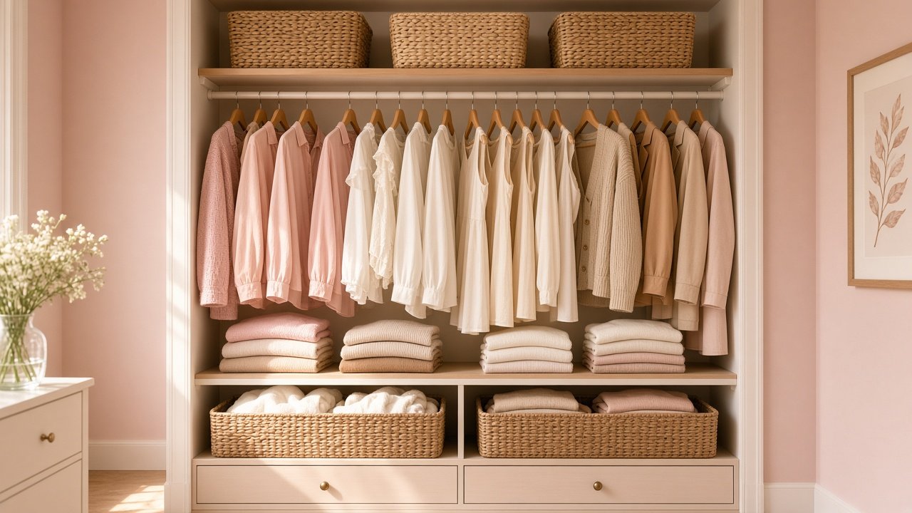 Closet with matching slim hangers, folded sweaters and labeled bins on a cream shelf