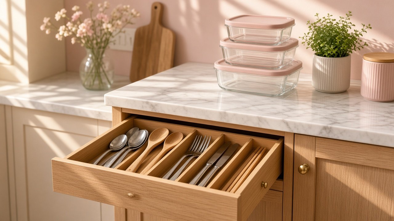 Open kitchen drawer with dividers and stackable glass containers on a light wood counter