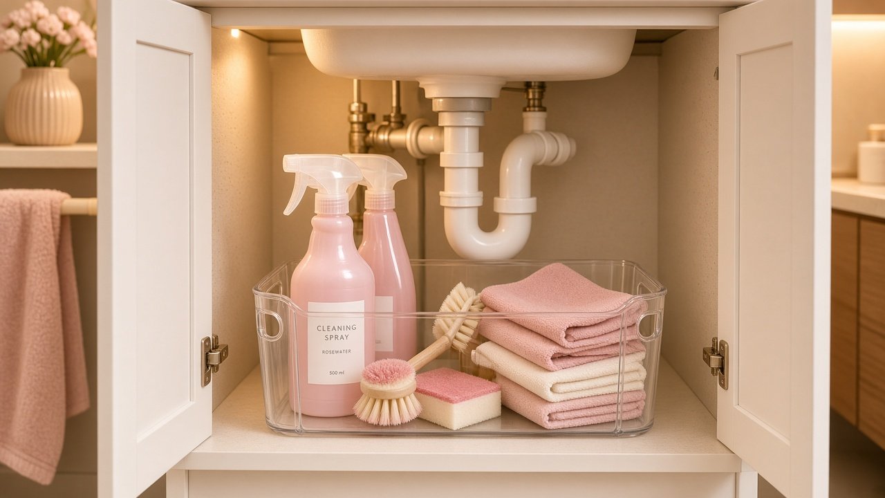 Neat caddy of cleaning sprays, cloths and brushes stored under a bathroom sink