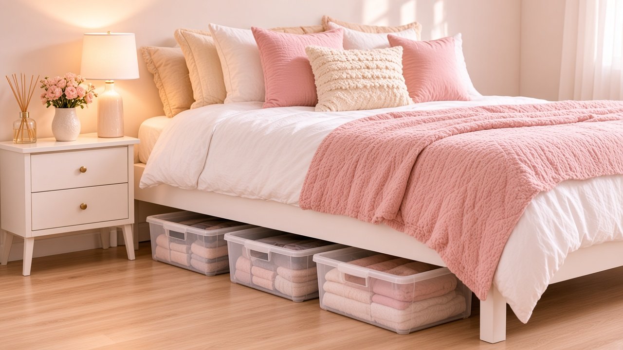 Low fabric storage bins sliding under a bed with cream bedding in a bright bedroom