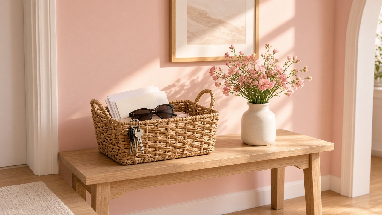 Woven basket on a console table holding small daily items in a soft cream entryway
