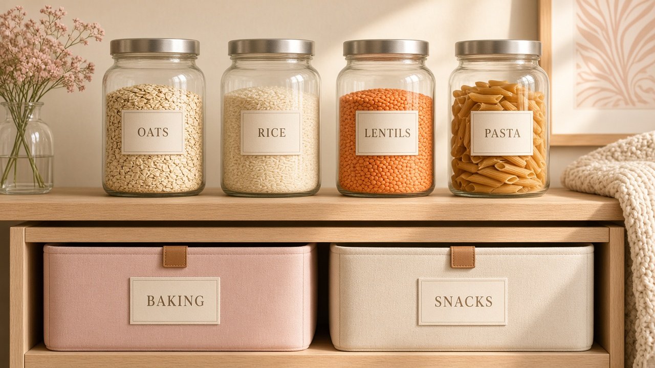 Labeled glass jars and fabric bins on a pantry shelf in soft natural light