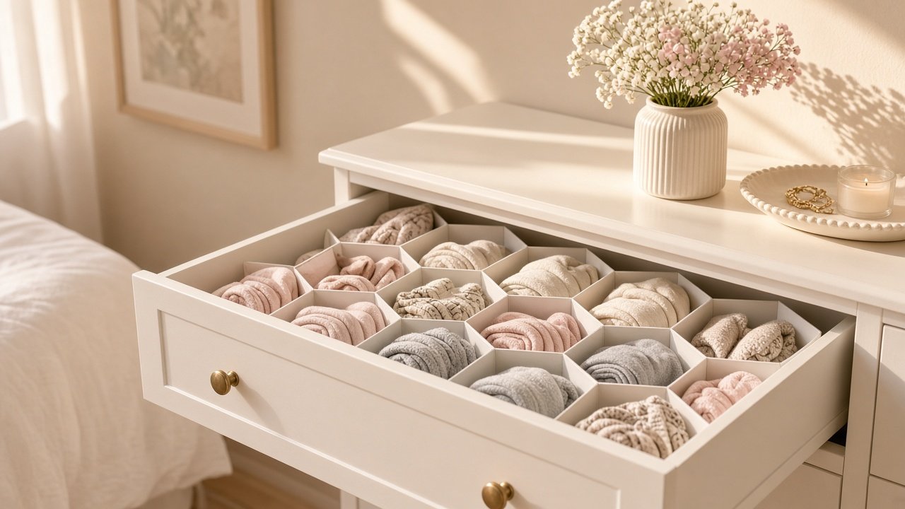 Open dresser drawer with neat dividers separating socks accessories and small items