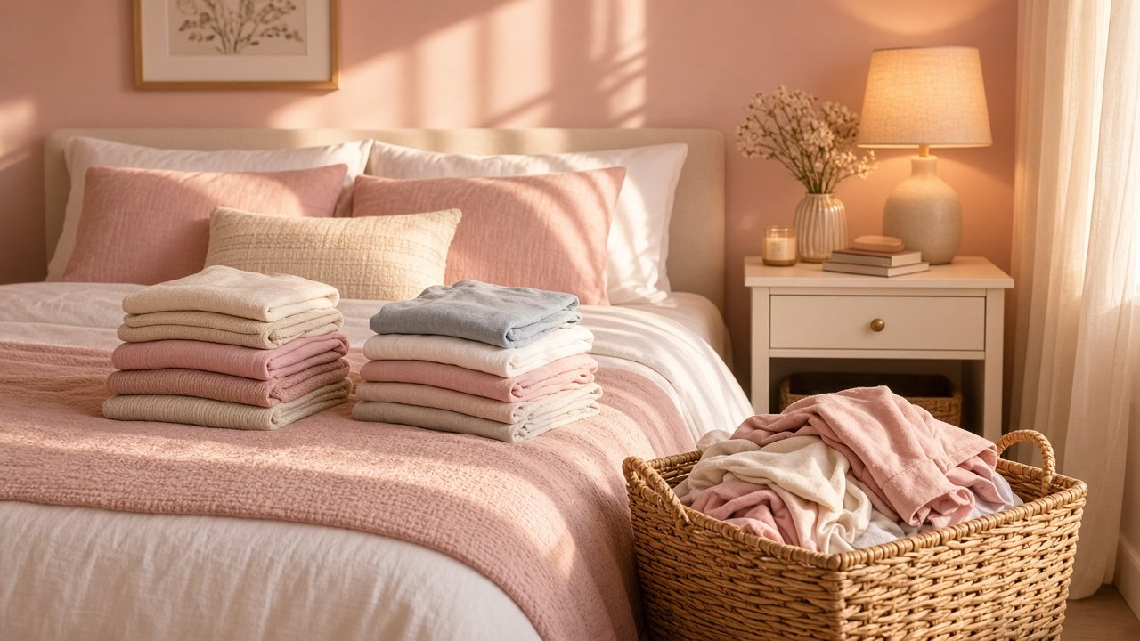 Neat keep and donate clothing piles on a clean bed with soft daylight
