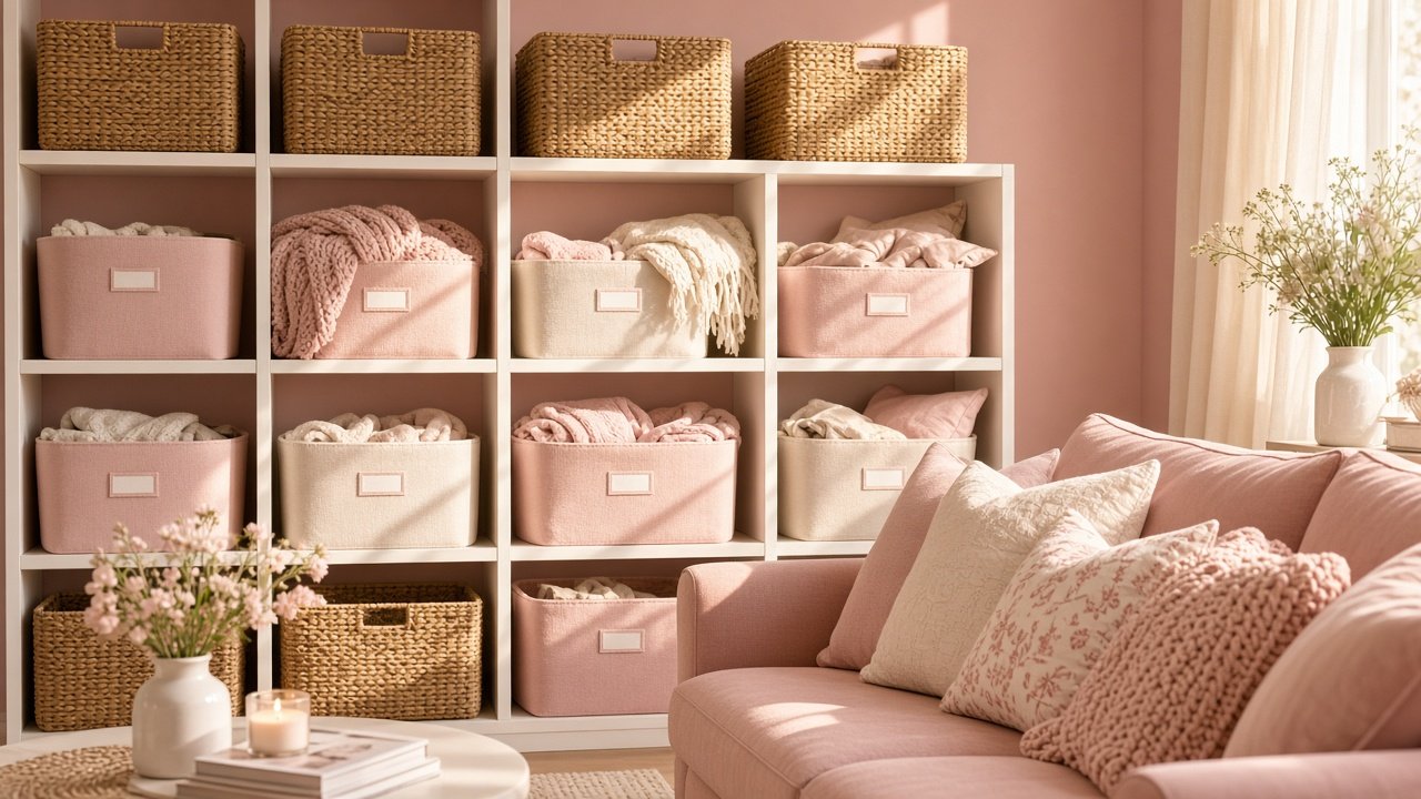Matching woven baskets on open shelves grouping books blankets and everyday items