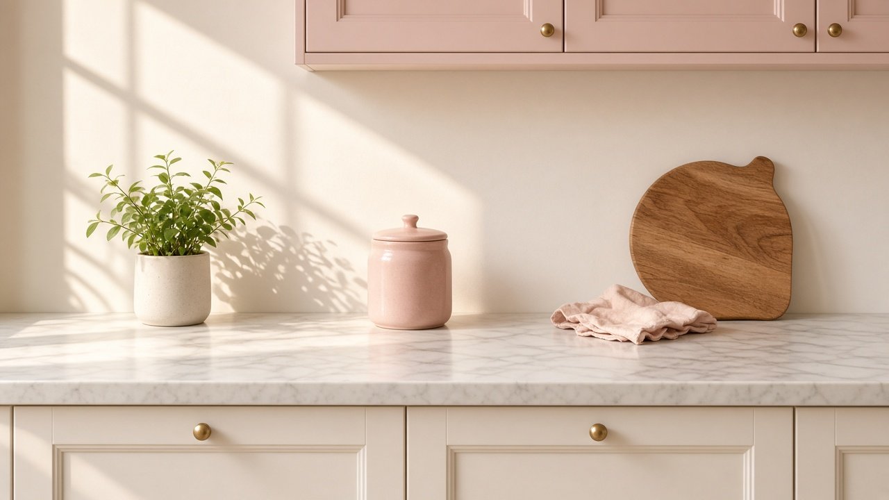 Clean kitchen counter with only a plant and a wood tray in soft morning light