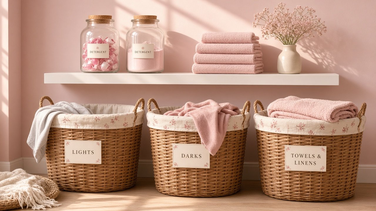 Three labeled laundry baskets for whites darks and colors in a bright laundry corner