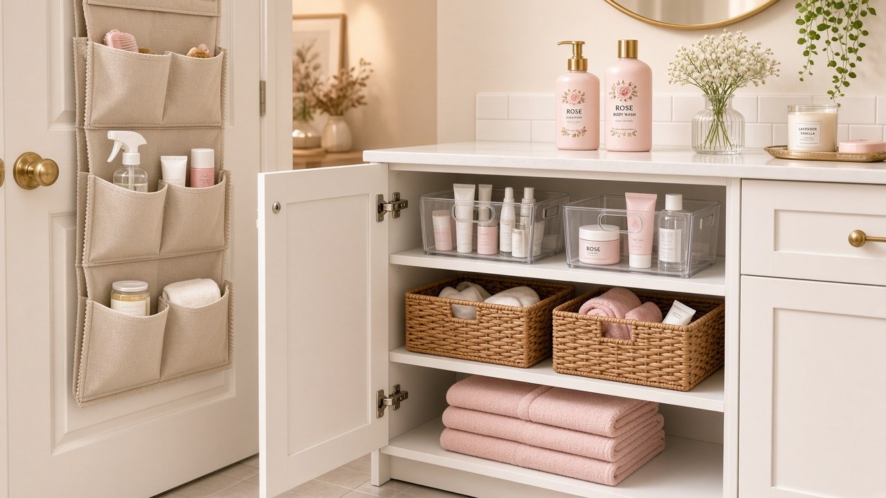 Over-the-door organizer and neat under-sink bins in a small cream bathroom