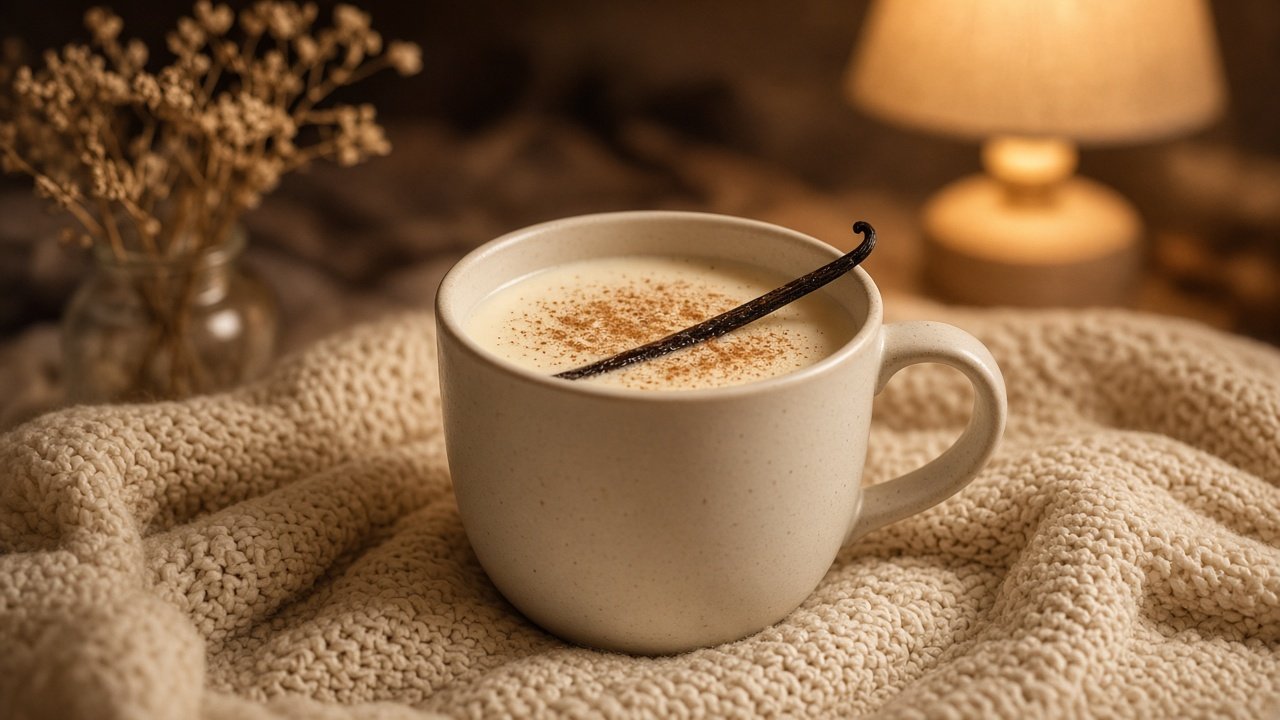 warm vanilla milk in a glass mug, vanilla pods, honey jar, soft evening light