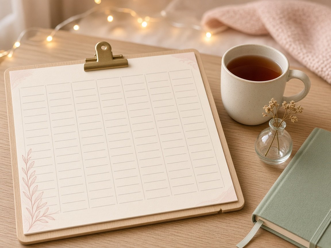 Weekly view 2027 calendar template with seven day columns on a clipboard beside a mug and sage notebook