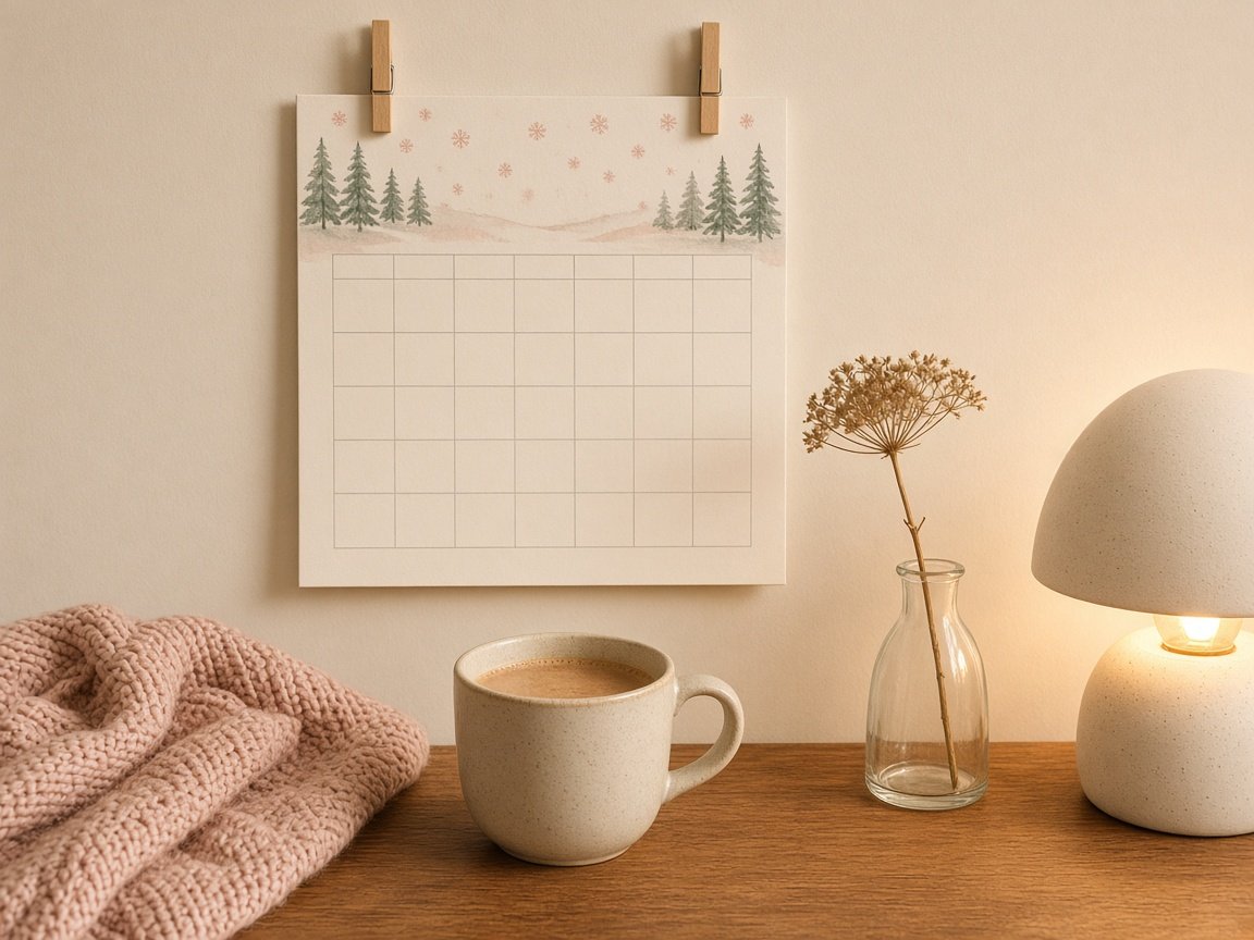 Winter monthly 2027 calendar page clipped to a cream wall above a desk with a knitted blush throw, chai and a glowing lamp