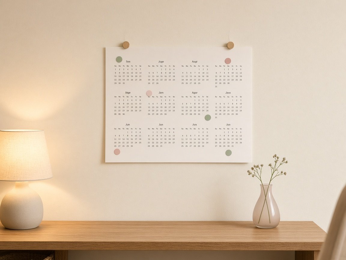 Yearly one-page 2027 calendar template showing all twelve months on a single sheet pinned above a desk